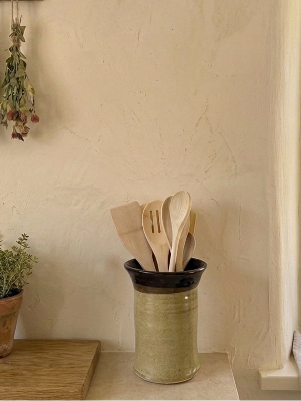 Studio Pottery Stoneware Utensil Crock Signed MJ Farmhouse Cottage Country